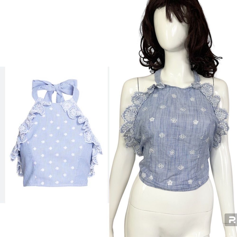 Romeo & Juliet couture Y2K blue striped embroidered ruffled halterneck top M